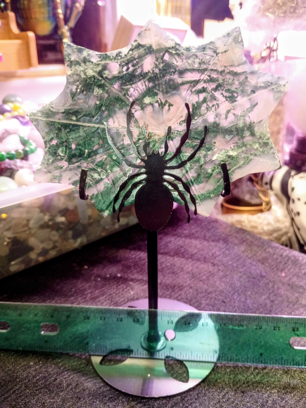 Decorative Moss Agate Spider Web  Stand - Green